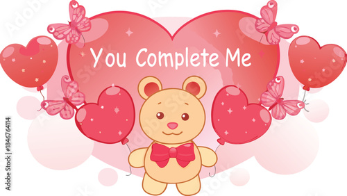 Cute teddy bear with red heart balloons bouquet and butterflies sweet valentine's day scene