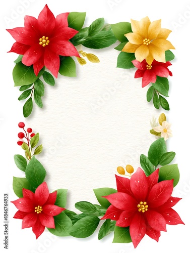 Elegant floral christmas border with red poinsettias and greenery