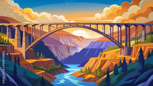 Very beautiful iconic bridge spanning the majestic New River Gorge, soaring structure above deep canyon, dramatic scale, and bold composition illustrated in vector style.