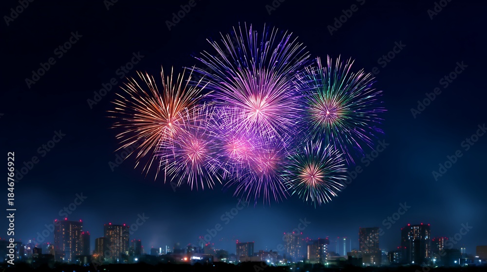 Fototapeta premium Breathtaking new year fireworks over a dark city skyline background