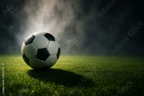 Classic black and white soccer ball on lush green field under dramatic stadium lighting with misty atmosphere and intense sport competition concept. Ai generative