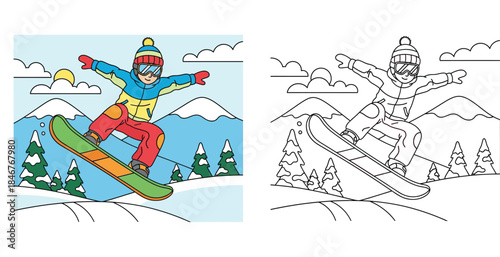 Coloring book page for kids: happy cartoon snowboarder boy jumping in winter mountains with colored example and outline sketch vector illustration.