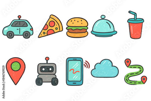 Food and technology icon set. Doodle-style collection of food, map, and tech icons