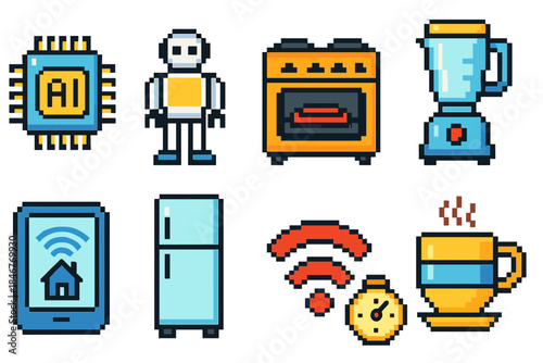 Smart home pixel icon set. Appliances and automation flat icons collection