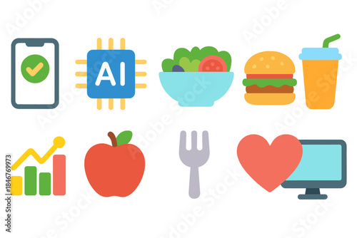 Food and technology flat icon set. Digital innovation, healthy living icons collection.