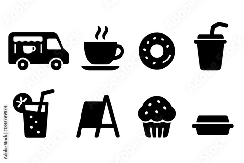 Food and beverage solid icon set. Cafe, snack, and drink icons solid collection.