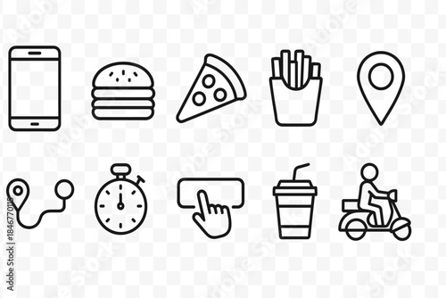 Fast food delivery line icon set. Phone, map, food, timer, location outline icons