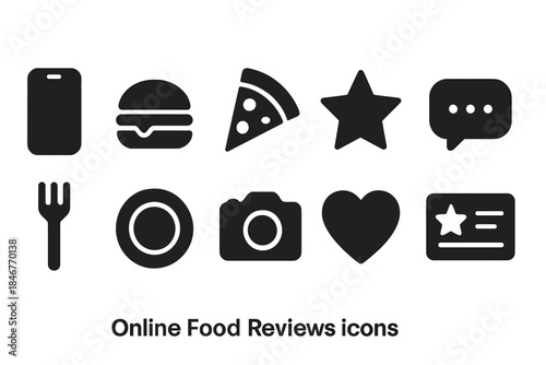 Online food reviews solid icon set. Restaurant, dining, feedback icons collection