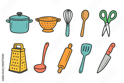 Kitchen utensils flat icon set. Cooking, culinary tools icons collection in flat design.