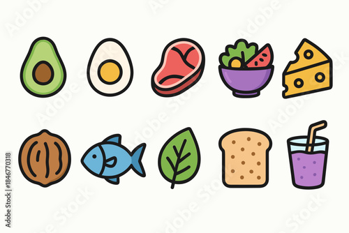 Food and nutrition flat icon set. Healthy foods, diet, meal prep flat icons collection.