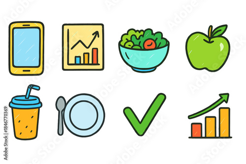 Healthy living flat icon set. Food, fitness, wellness icons in a flat style collection