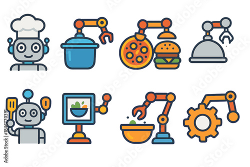 Culinary robot flat icon set. Food technology, kitchen automation icons collection