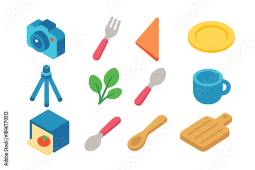 Food and photography icon set. Flat style kitchen and camera icons collection.