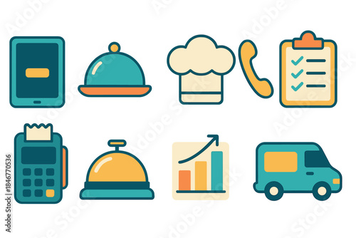 Hospitality and service flat icon set. Restaurant, hotel management flat icons collection