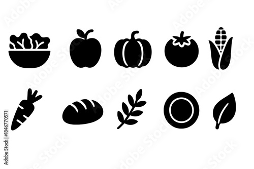 Food and vegetable solid icon set. Fresh produce, organic icons in solid design