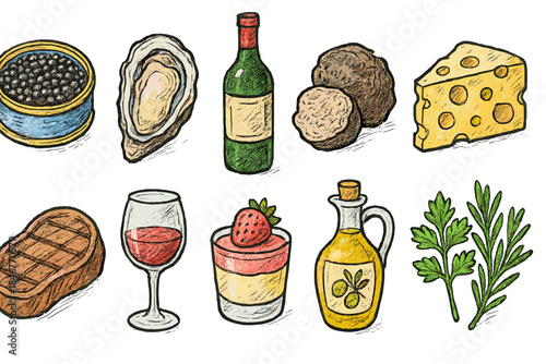 Gourmet food sketch icon set. Hand-drawn, culinary, cuisine icons, flat collection
