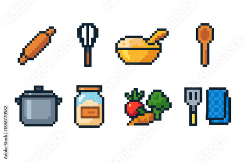 Cooking tools, utensils pixel art icon set. Kitchen essentials pixelated outline collection