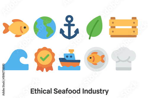 Seafood industry flat icon set. Sustainable fishing and aquaculture icons collection