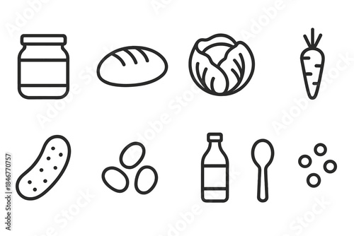 Food and kitchen line icon set. Essential cooking and ingredient outline icons collection