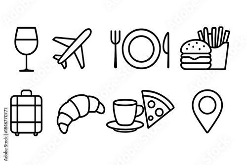 Food and travel line icon set with dining, transport, and map symbols