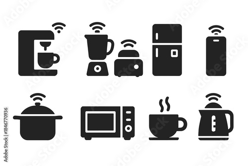 Smart kitchen appliances solid icon set. Modern smart home cooking icons collection.