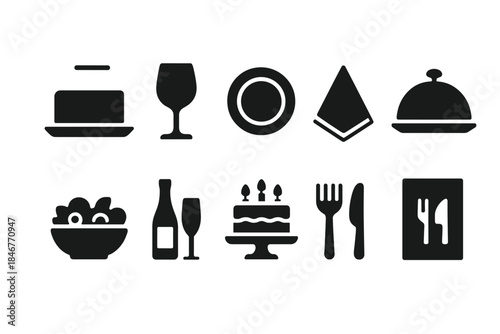 Restaurant, dining solid icon set. Kitchen, food, beverage icons solid collection