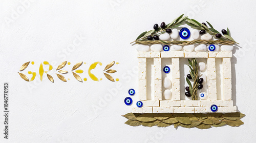 Greece country concept with temple made of feta cheese and olives