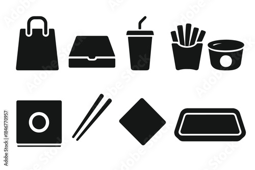 Fast food silhouette icon set. Burgers, drinks, snacks, sushi silhouette collection
