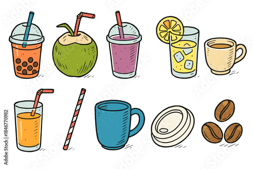 Beverage, drinks flat icon set. Smoothie, coffee, juice icons flat collection