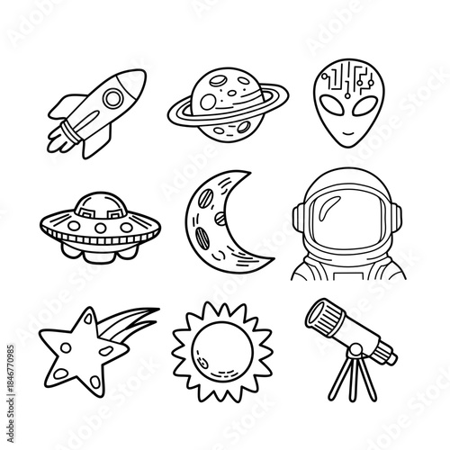 Hand Drawn Space Doodle Icon Set. Black and white outline vector collection of rocket, planet, and alien for coloring book.
