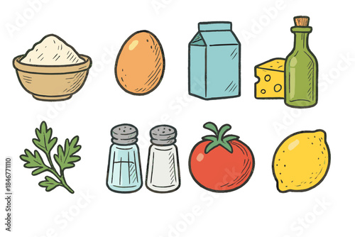 Cooking essentials icon set. Kitchen, food ingredients flat collection essentials