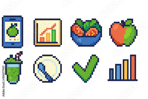 Healthy eating and nutrition icon set. Pixel art style for balanced diet apps