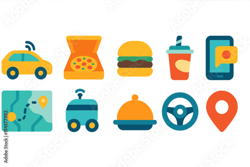 Food delivery flat icon set. Meal, transport, beverage, map, and gps icons collection