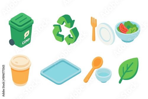 Eco-friendly, sustainable flat icon set for recycling and waste management