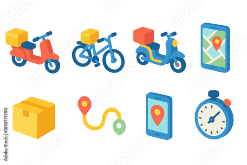 Delivery and navigation icon set. Package, route isometric icons collection