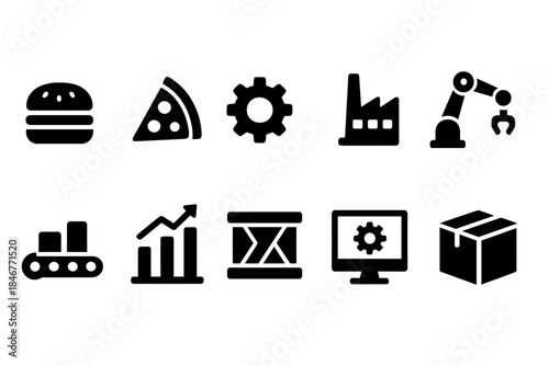 Industrial and food solid icon set. Manufacturing, production, food icons collection