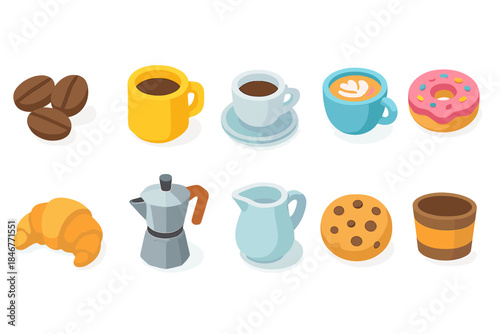 Coffee and bakery 3d icon set. Beverage and dessert icons in 3d style.
