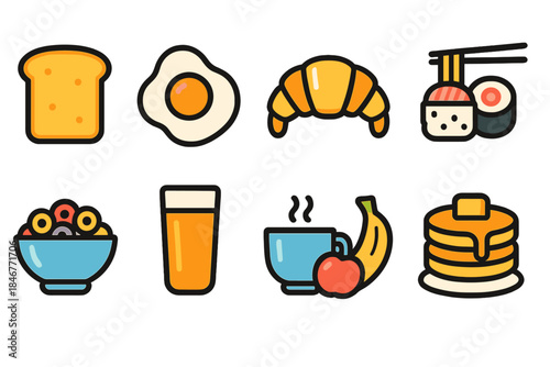 Breakfast, food outline icon set. Croissant, toast, pancake, sushi outline collection