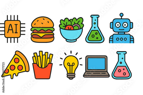 Technology and food outline icon set: ai, robotics, fast food, science, and gadgets