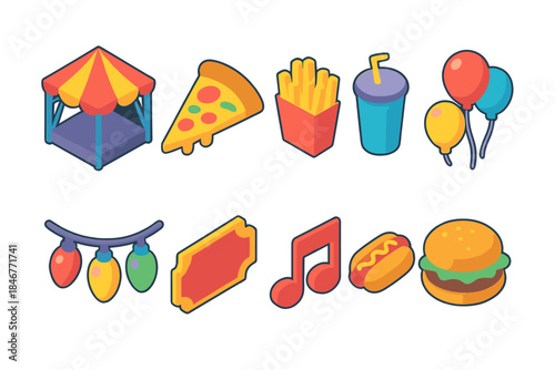 Food and entertainment icon set. Carnival, snack, music icons in flat style.