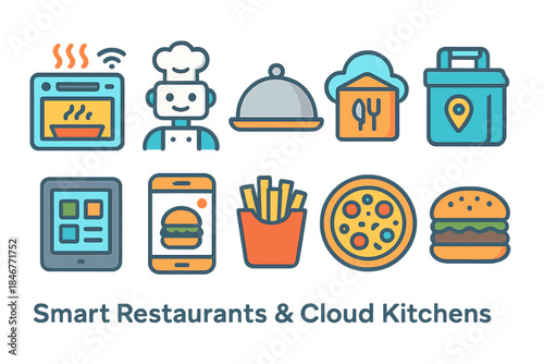 Restaurant and food flat icon set. Dining, delivery, and kitchen icons collection