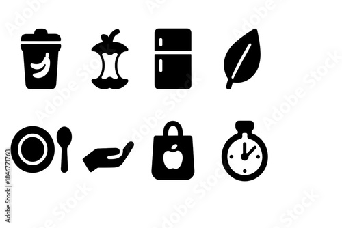 Zero waste, eco lifestyle solid icon set. Sustainable living and recycling icons collection