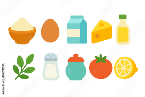 Food cooking flat icon set: ingredients, kitchen essentials for recipes
