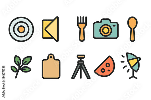 Cooking, camera, and leisure flat icon set. Food, photography, vacation icons collection