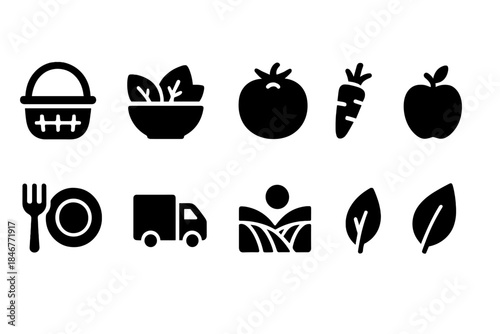 Food, nutrition solid icon set. Healthy eating, fresh produce images, solid design