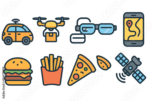 Transportation and technology flat icon set. Delivery, burger, pizza outline icons.