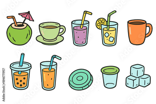 Beverage, drink flat icon set. Refreshing drinks, summer beverages collection.
