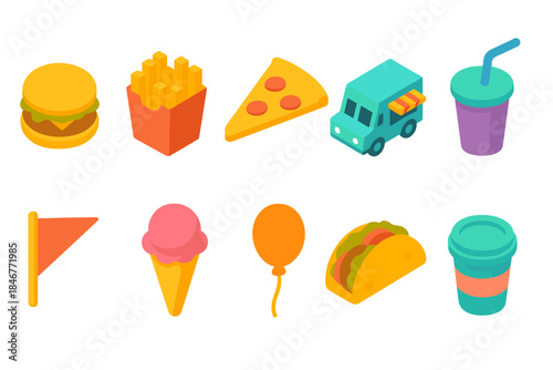 Food and drink icon set: colorful flat icons featuring fast food and beverages