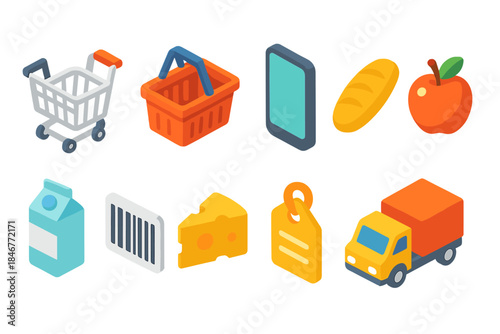 Shopping and grocery 3d icon set. Retail, food, and delivery icons collection