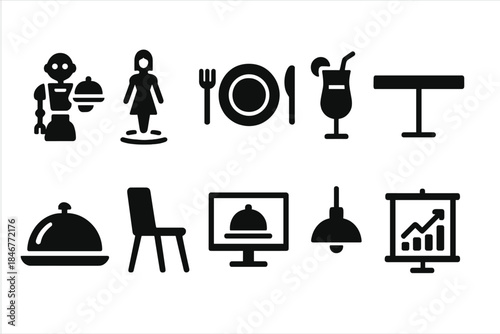 Restaurant and dining solid icon set. Food, service, and hospitality icons collection.